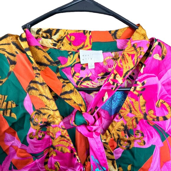 Dee Elly Raja Tiger Tie Neck Crop Blouse Hot Pink Floral Animal Print Size Large - Picture 3 of 9